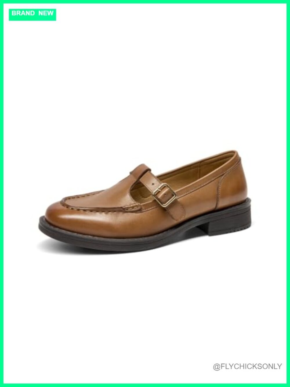 Calfskin Leather T-Strap Loafers Women Block Heel Buckle Comfort
